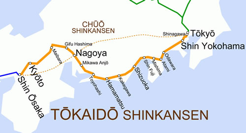 Mapa da linha Tokaido Shinkansen